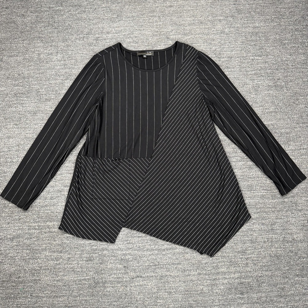LIv By Habitat Clothing Shirt Women Medium Black Striped Pocket Tunic Slinky